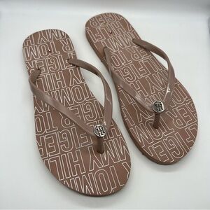 Tommy Hilfiger Beige & White Logo Flip Flop Sandals